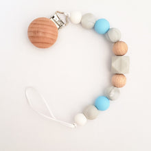 Load image into Gallery viewer, Silicone & Wood Bead Pacifier Clip in Sky Blue