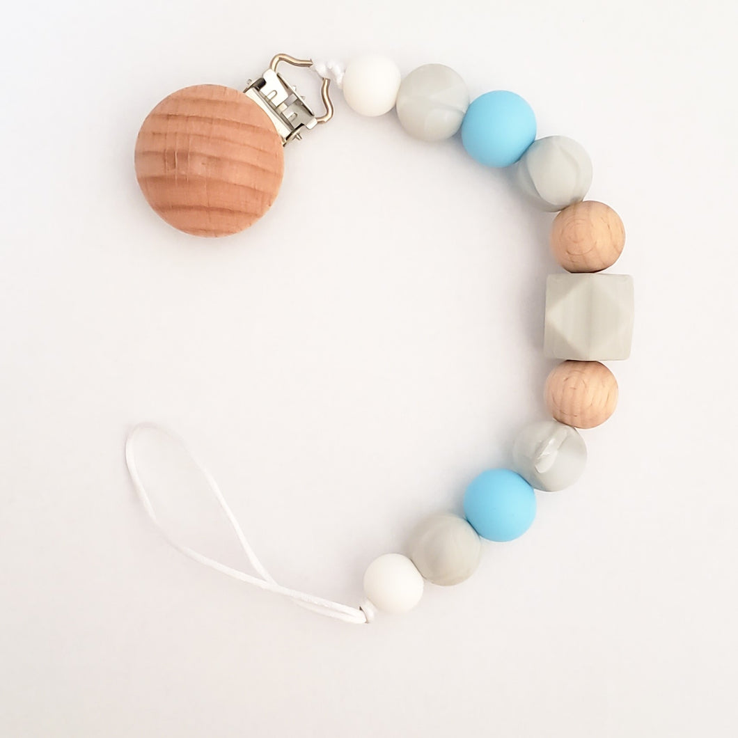 Silicone & Wood Bead Pacifier Clip in Sky Blue