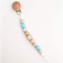 Load image into Gallery viewer, Silicone & Wood Bead Pacifier Clip in Sky Blue