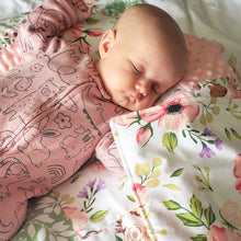 Load image into Gallery viewer, Your little one will have the sweetest of dreams while wrapped in our Spring Floral Patch Blanket with Flowers flannel back.

