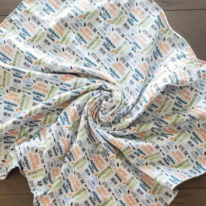 Let's Explore Patch Blanket with Encouragement flannel back.