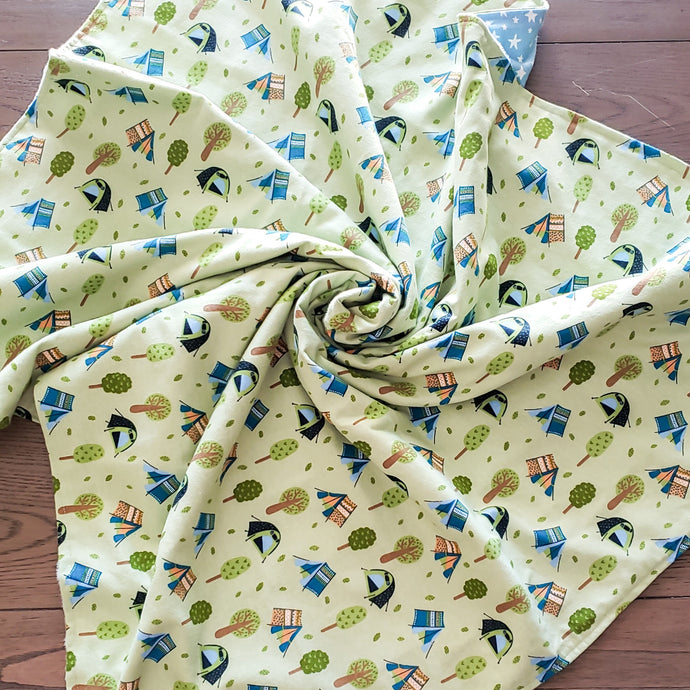 Let's Explore Patch Blanket with Camping Tents flannel back.