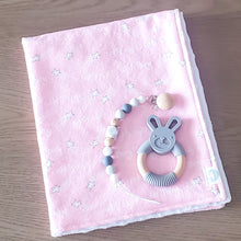 Load image into Gallery viewer, *Special Order* Nighty Night Wild Thing Lovey (Pink Stars), Gray Silicone Bunny Teether, Gray Silicone & Wood Pacifier Clip