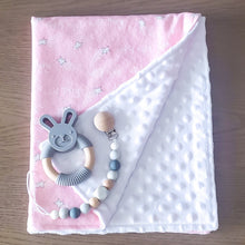 Load image into Gallery viewer, *Special Order* Nighty Night Wild Thing Lovey (Pink Stars), Gray Silicone Bunny Teether, Gray Silicone & Wood Pacifier Clip