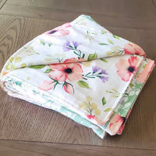 Load image into Gallery viewer, Spring Floral Patch Blanket with Flowers flannel back.
