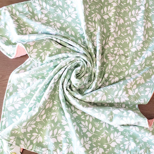 Spring Floral Patch Blanket with Green Leaves flannel back.