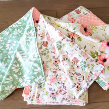 Load image into Gallery viewer, Spring Floral Patch Blanket with flannel back options in Green Leaves, Bunnies and Flowers.
