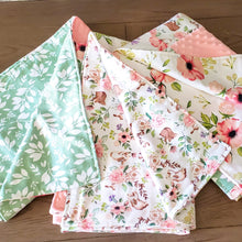 Load image into Gallery viewer, Spring Floral Patch Blanket with flannel back options in Green Leaves, Bunnies and Flowers.