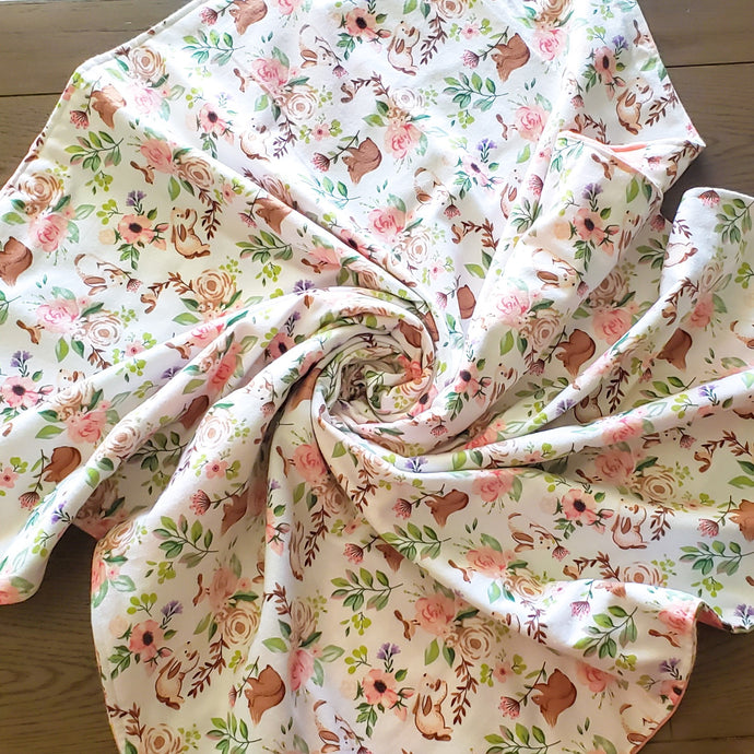 Spring Floral Patch Blanket with Bunnies flannel back.