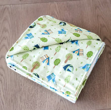Load image into Gallery viewer, Let&#39;s Explore Patch Blanket with Camping Tents flannel back.
