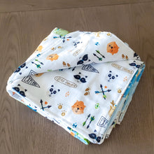 Load image into Gallery viewer, Let&#39;s Explore Patch Blanket with Little Explorer Friends flannel back.

