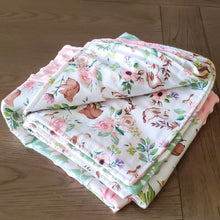 Load image into Gallery viewer, Spring Floral Patch Blanket with Bunnies flannel back.
